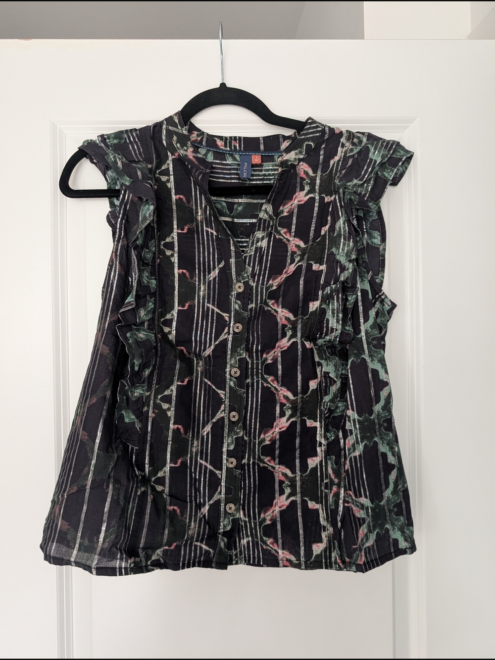 Rails Black Floral-Stripe Ruffle Button-Up Blouse